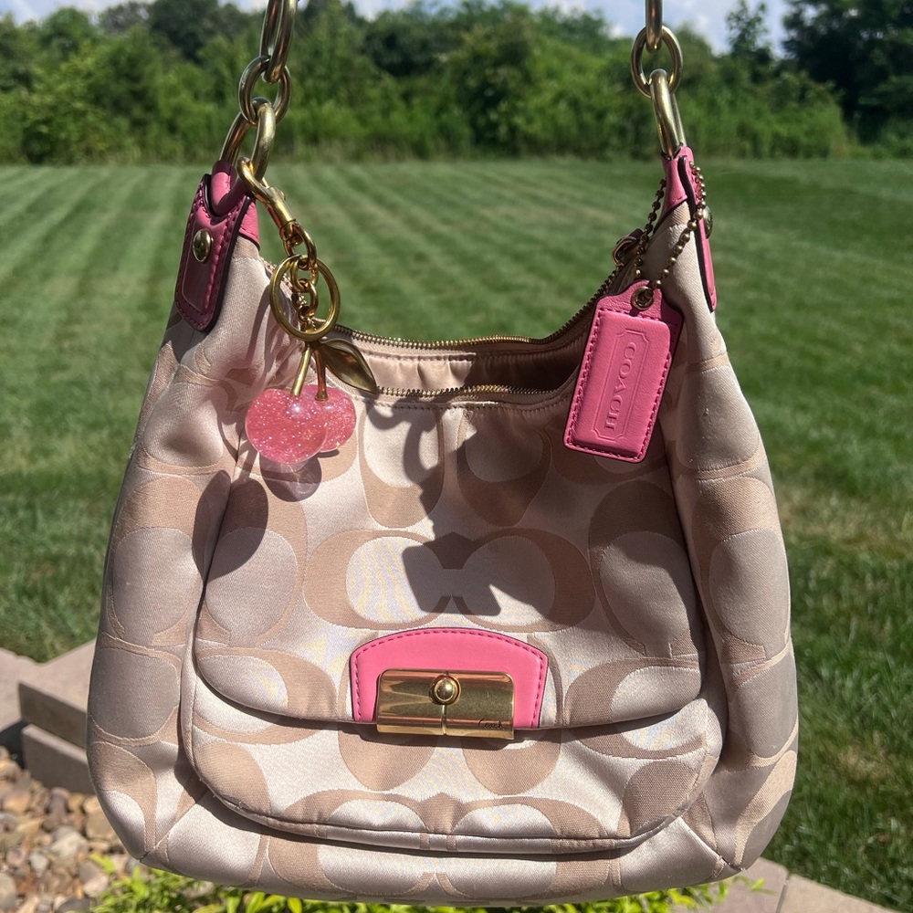 Coach Pink and Tan Signature Kristen Hobo Shoulder Bag